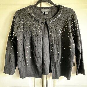 Karen Kane Cardigan Sweater Womens Medium Black Sequin Meeino‎ Wool 3/4 Sleeve